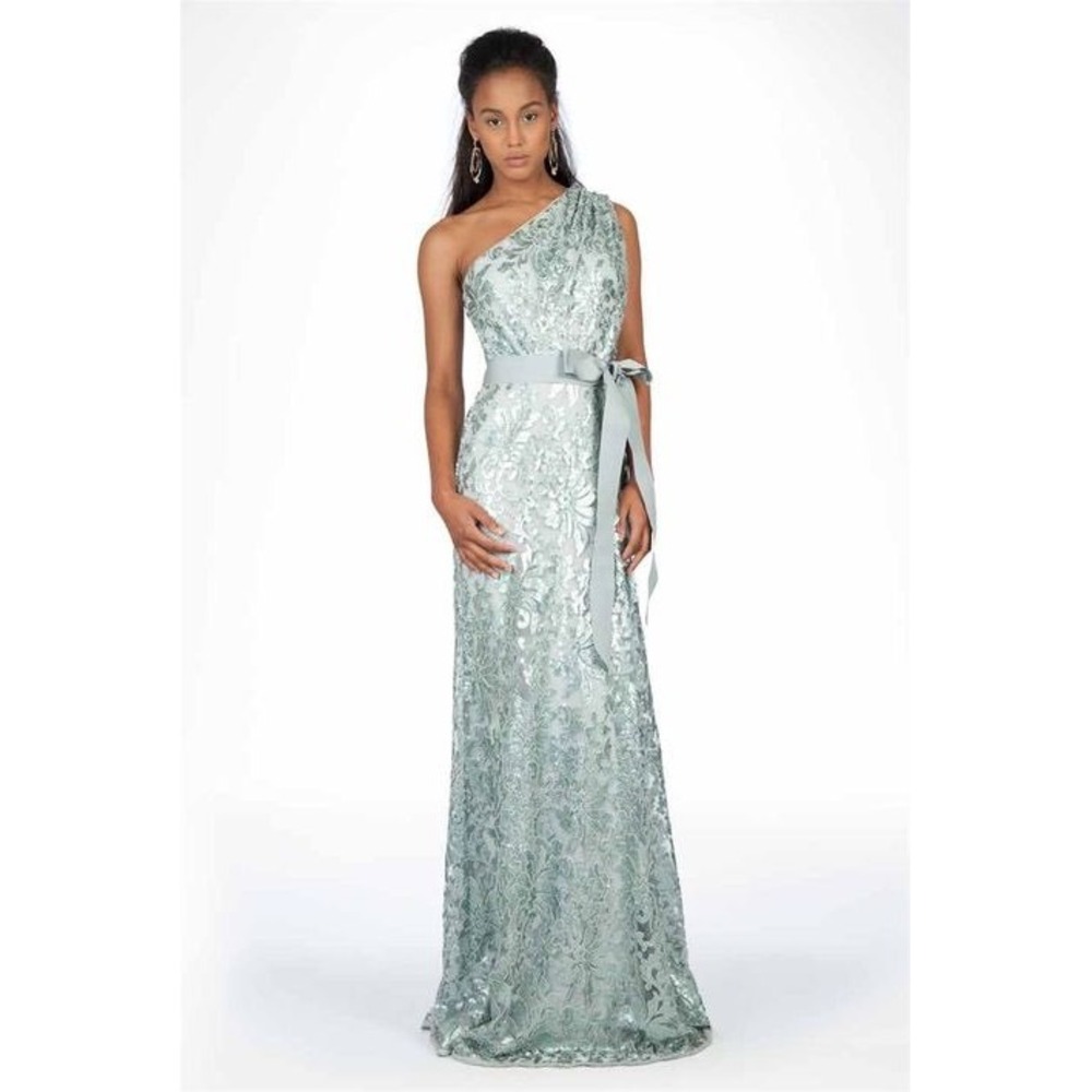 Tadashi Shoji One Shoulder Sequin Lace Gown Metallic Sage Mint Green Tie Belt  4